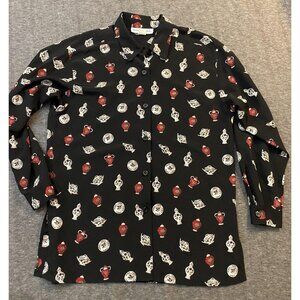Vintage Norton McNaughton Shirt Womens 10 Black Teapot Print Button Up Tunic